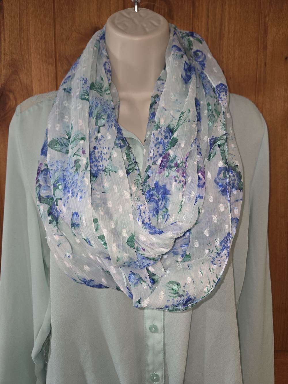 Light Blue & Green Floral Infinity Scarf - Women's Lightweight Wrap